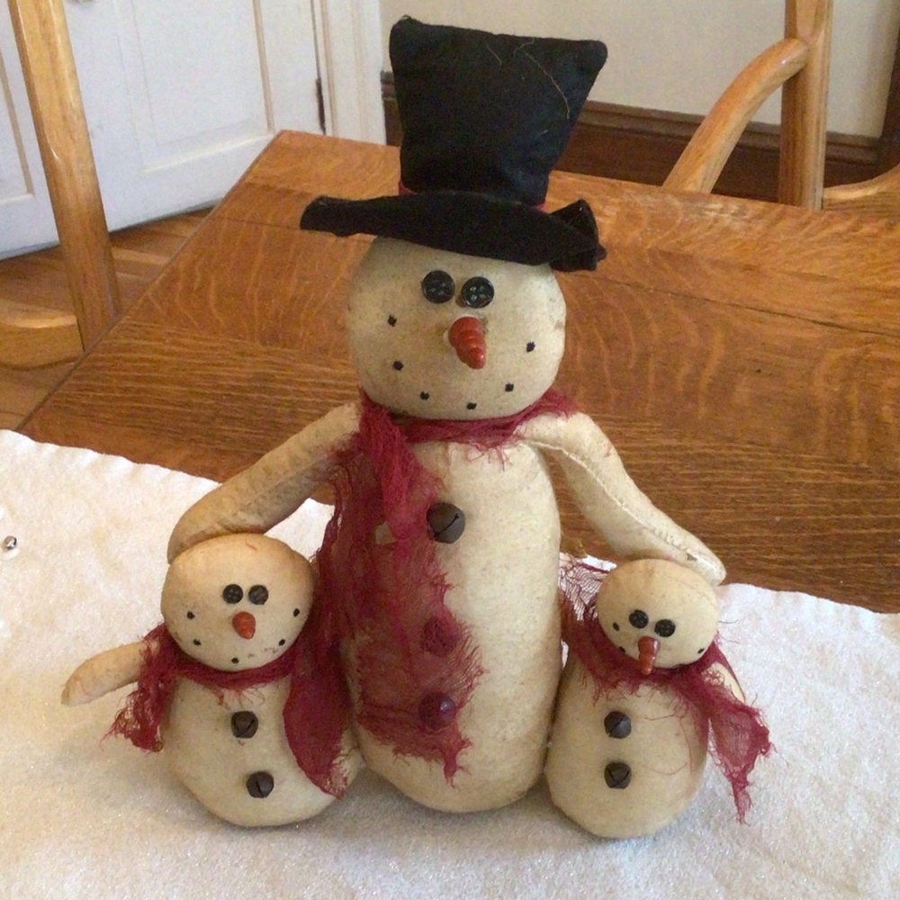 Primitive Rustic Snowman Family Tea Stained Fabric NWT